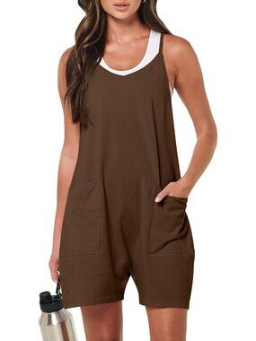 Women's Coffee Summer Casual Loose Sleeveless Overall Spaghetti Strap Romper
